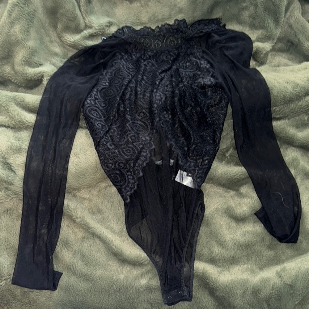 Lulu's Black Smocked Asymmetrical Long Sleeve Bodysuit